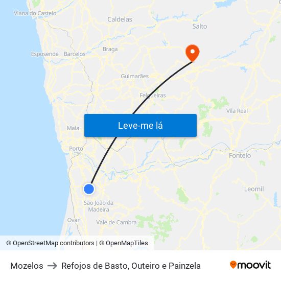 Mozelos to Refojos de Basto, Outeiro e Painzela map