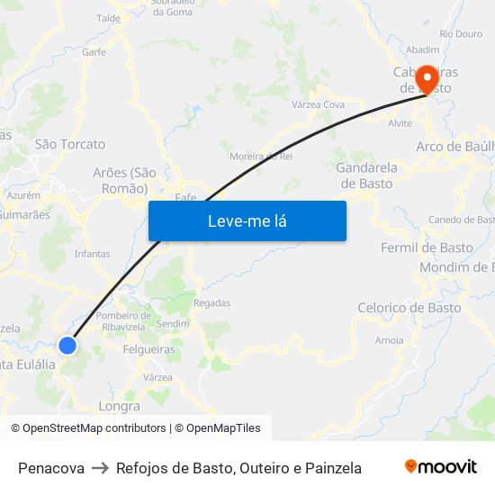 Penacova to Refojos de Basto, Outeiro e Painzela map