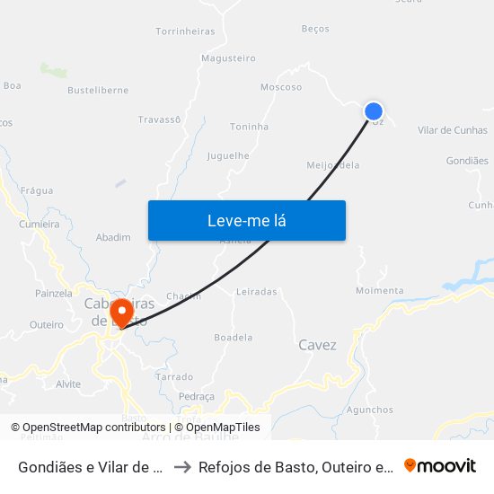 Gondiães e Vilar de Cunhas to Refojos de Basto, Outeiro e Painzela map