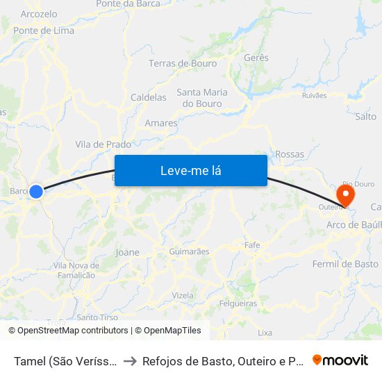 Tamel (São Veríssimo) to Refojos de Basto, Outeiro e Painzela map