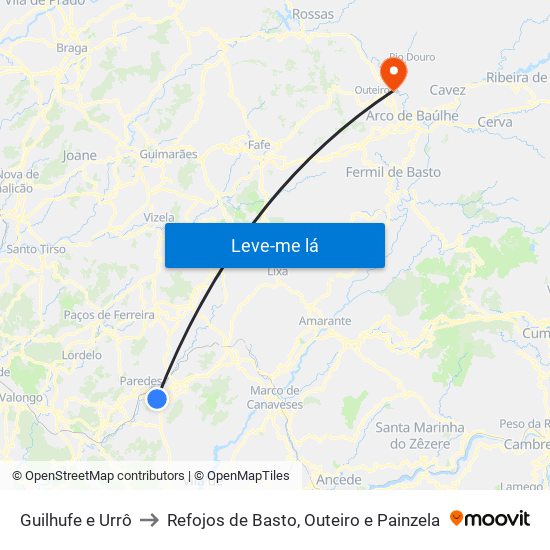 Guilhufe e Urrô to Refojos de Basto, Outeiro e Painzela map