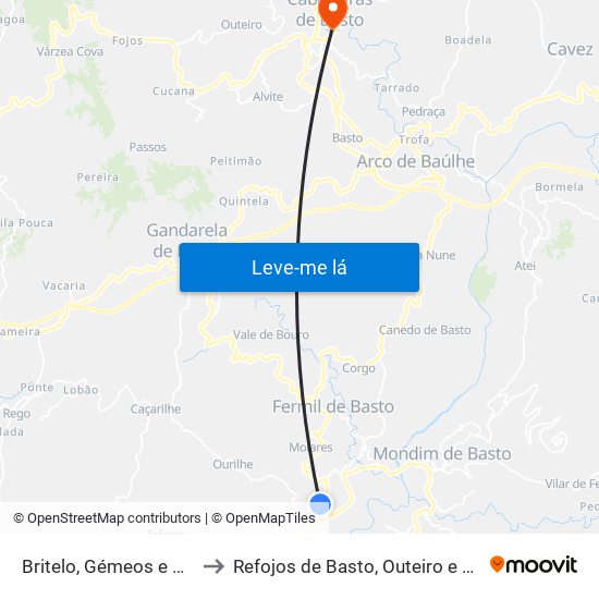 Britelo, Gémeos e Ourilhe to Refojos de Basto, Outeiro e Painzela map