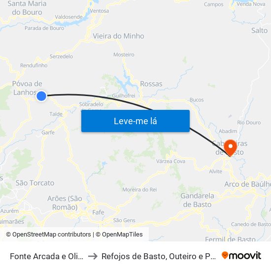 Fonte Arcada e Oliveira to Refojos de Basto, Outeiro e Painzela map