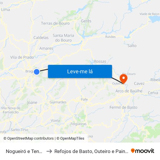 Nogueiró e Tenões to Refojos de Basto, Outeiro e Painzela map