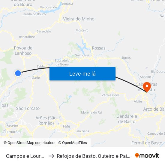 Campos e Louredo to Refojos de Basto, Outeiro e Painzela map