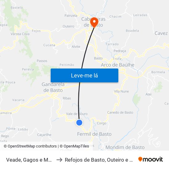 Veade, Gagos e Molares to Refojos de Basto, Outeiro e Painzela map