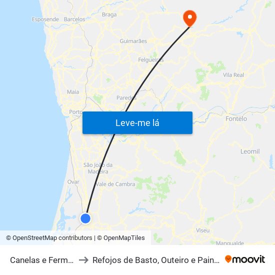 Canelas e Fermelã to Refojos de Basto, Outeiro e Painzela map