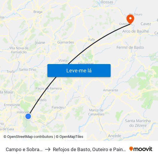 Campo e Sobrado to Refojos de Basto, Outeiro e Painzela map