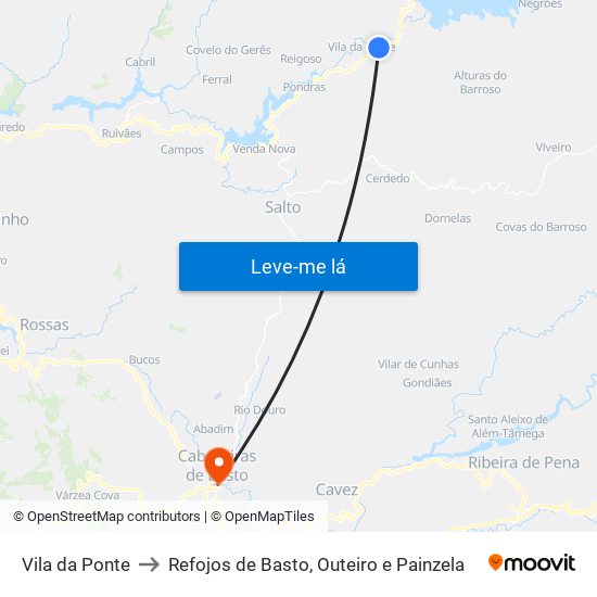 Vila da Ponte to Refojos de Basto, Outeiro e Painzela map