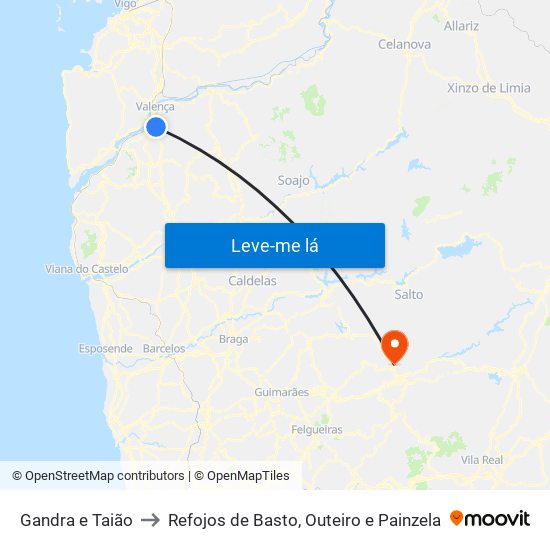 Gandra e Taião to Refojos de Basto, Outeiro e Painzela map