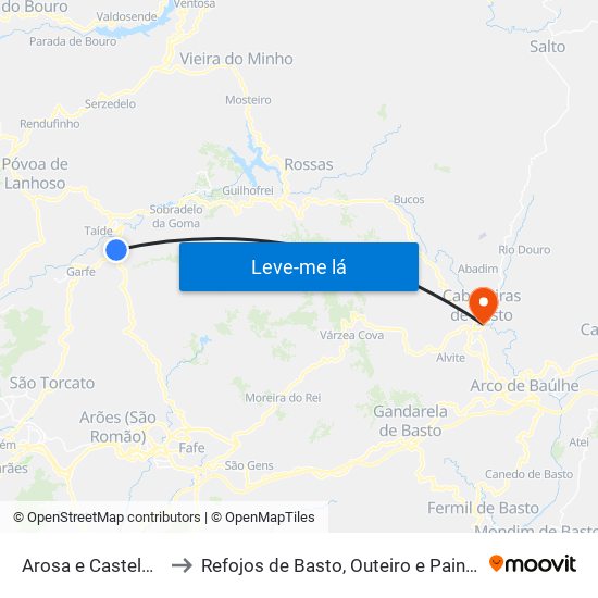 Arosa e Castelões to Refojos de Basto, Outeiro e Painzela map