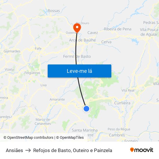Ansiāes to Refojos de Basto, Outeiro e Painzela map