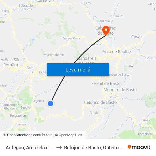 Ardegão, Arnozela e Seidões to Refojos de Basto, Outeiro e Painzela map