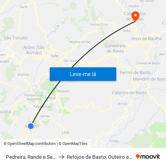 Pedreira, Rande e Sernande to Refojos de Basto, Outeiro e Painzela map