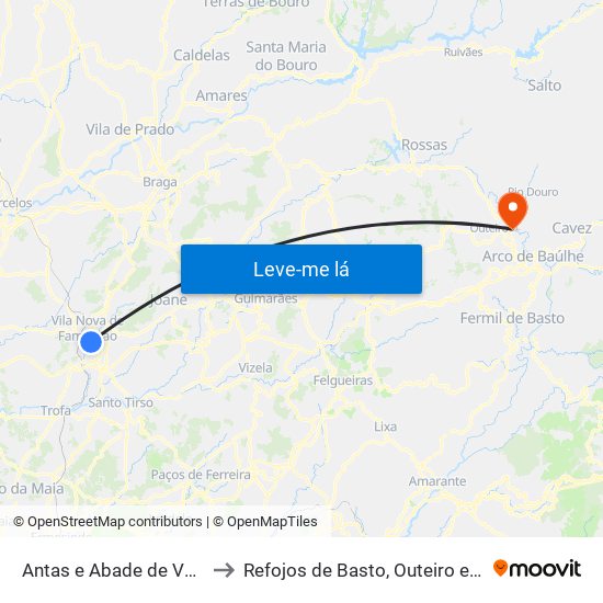 Antas e Abade de Vermoim to Refojos de Basto, Outeiro e Painzela map