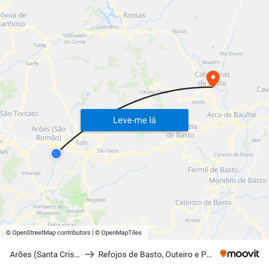 Arões (Santa Cristina) to Refojos de Basto, Outeiro e Painzela map