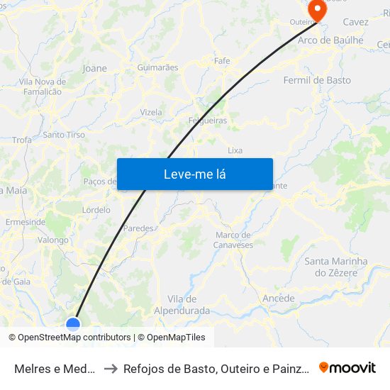 Melres e Medas to Refojos de Basto, Outeiro e Painzela map