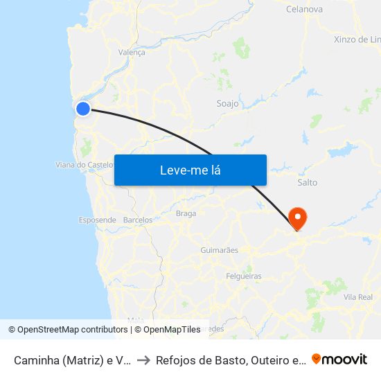 Caminha (Matriz) e Vilarelho to Refojos de Basto, Outeiro e Painzela map