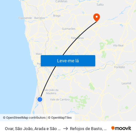 Ovar, São João, Arada e São Vicente de Pereira Jusã to Refojos de Basto, Outeiro e Painzela map