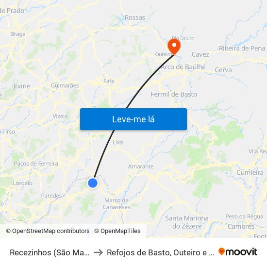 Recezinhos (São Mamede) to Refojos de Basto, Outeiro e Painzela map