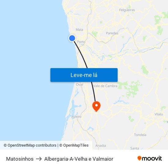 Matosinhos to Albergaria-A-Velha e Valmaior map