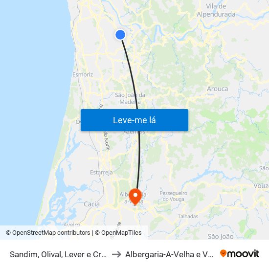 Sandim, Olival, Lever e Crestuma to Albergaria-A-Velha e Valmaior map