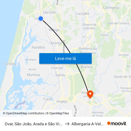 Ovar, São João, Arada e São Vicente de Pereira Jusã to Albergaria-A-Velha e Valmaior map