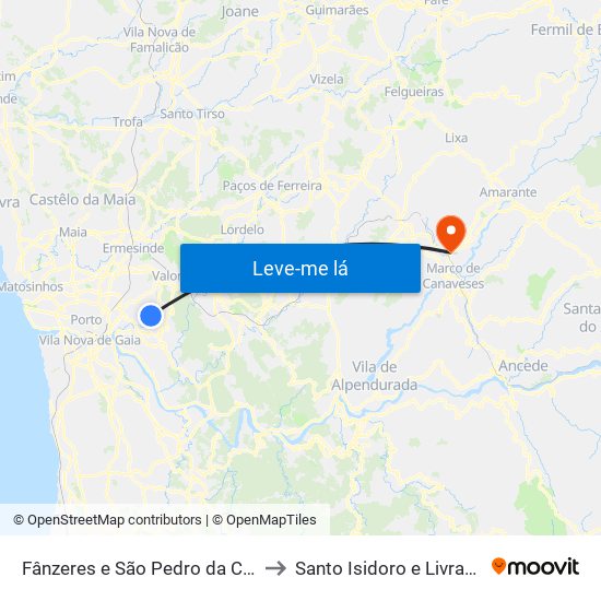 Fânzeres e São Pedro da Cova to Santo Isidoro e Livração map