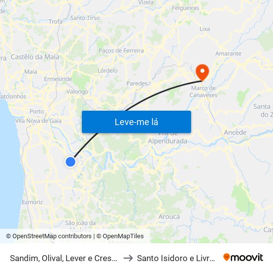 Sandim, Olival, Lever e Crestuma to Santo Isidoro e Livração map