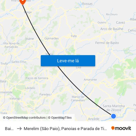Baião to Merelim (São Paio), Panoias e Parada de Tibães map