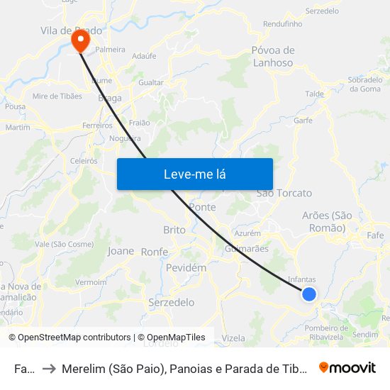 Fafe to Merelim (São Paio), Panoias e Parada de Tibães map