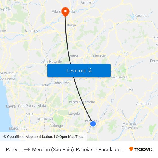 Paredes to Merelim (São Paio), Panoias e Parada de Tibães map