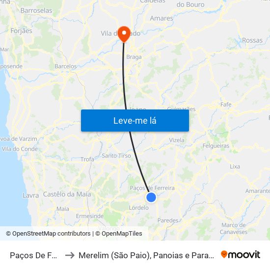 Paços De Ferreira to Merelim (São Paio), Panoias e Parada de Tibães map