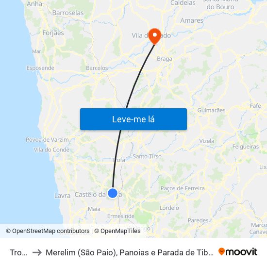 Trofa to Merelim (São Paio), Panoias e Parada de Tibães map