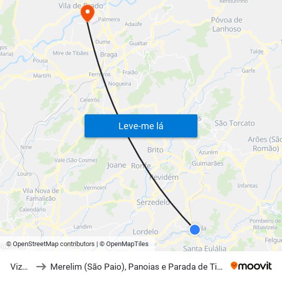 Vizela to Merelim (São Paio), Panoias e Parada de Tibães map