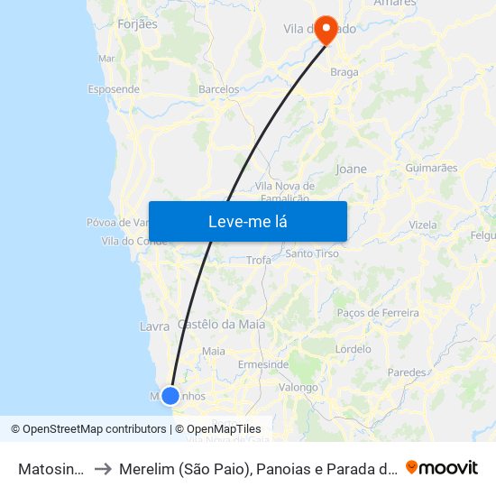 Matosinhos to Merelim (São Paio), Panoias e Parada de Tibães map