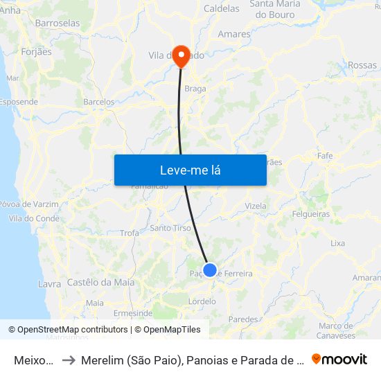 Meixomil to Merelim (São Paio), Panoias e Parada de Tibães map