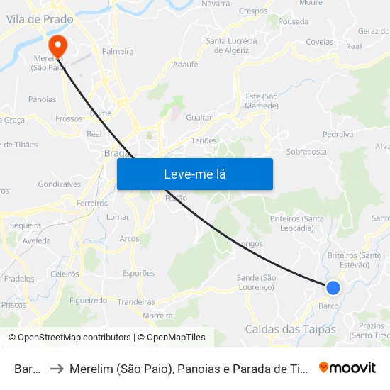 Barco to Merelim (São Paio), Panoias e Parada de Tibães map