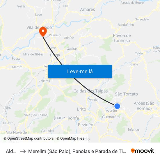 Aldão to Merelim (São Paio), Panoias e Parada de Tibães map