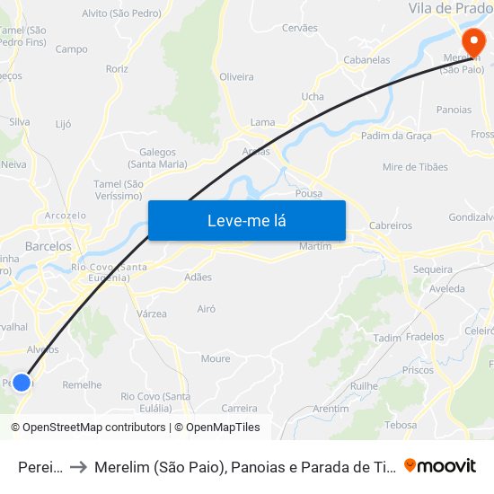 Pereira to Merelim (São Paio), Panoias e Parada de Tibães map