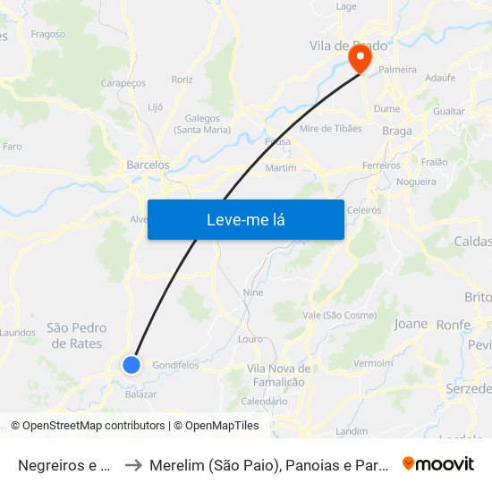 Negreiros e Chavão to Merelim (São Paio), Panoias e Parada de Tibães map