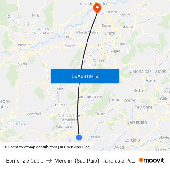 Esmeriz e Cabeçudos to Merelim (São Paio), Panoias e Parada de Tibães map