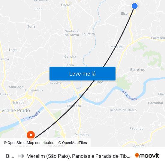 Bico to Merelim (São Paio), Panoias e Parada de Tibães map