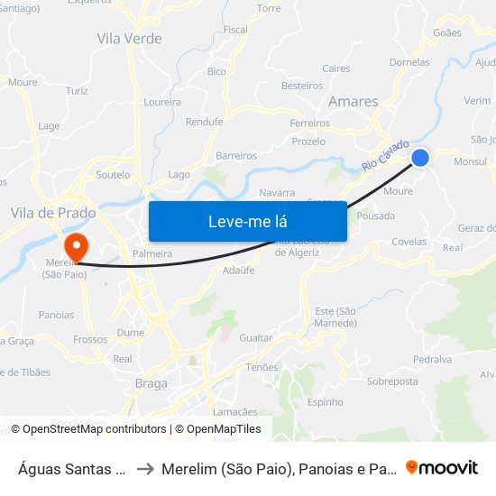 Águas Santas e Moure to Merelim (São Paio), Panoias e Parada de Tibães map