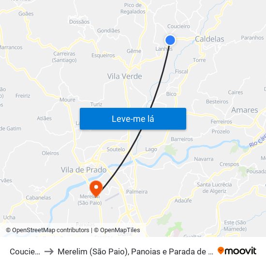 Coucieiro to Merelim (São Paio), Panoias e Parada de Tibães map