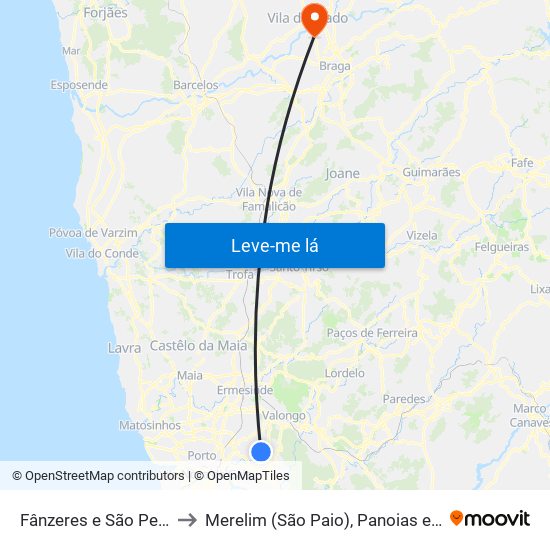 Fânzeres e São Pedro da Cova to Merelim (São Paio), Panoias e Parada de Tibães map