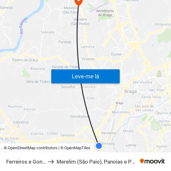 Ferreiros e Gondizalves to Merelim (São Paio), Panoias e Parada de Tibães map