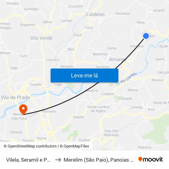 Vilela, Seramil e Paredes Secas to Merelim (São Paio), Panoias e Parada de Tibães map