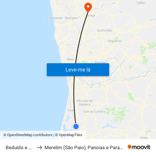 Beduído e Veiros to Merelim (São Paio), Panoias e Parada de Tibães map