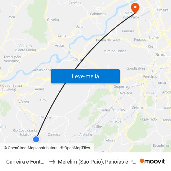 Carreira e Fonte Coberta to Merelim (São Paio), Panoias e Parada de Tibães map